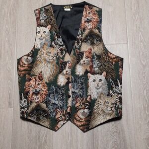 Vintage 80s Idea Nuova Tapestry Cat Print Vest Lined Size XL Made USA Whimsical
